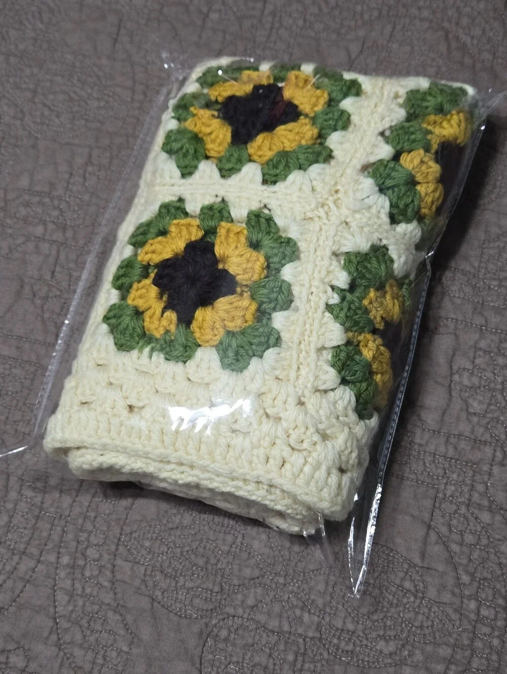 Vintage Granny Square Crochet Pillow Cover, floral sunflower, cover only